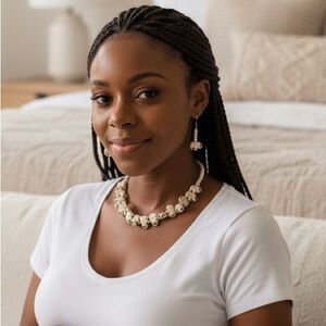 Handmade Cream Elephant Bead 16” Necklace & Matching Earring Set, Silver